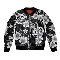Hawaiian-Polynesian Art Tattoo Bomber Jacket Hibiscus and Plumeria Grayscale LT03 Unisex Black - Polynesian Pride