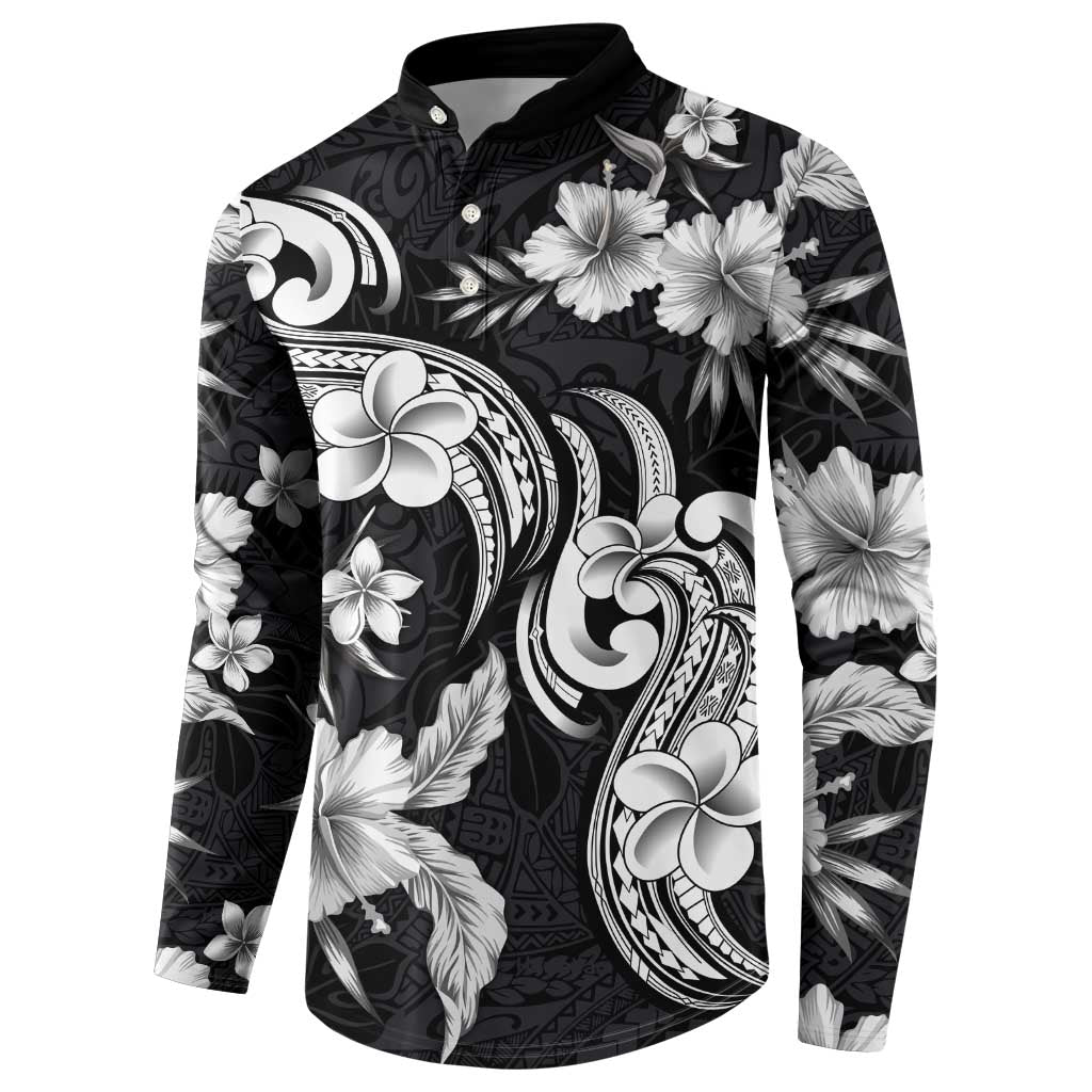 Hawaiian-Polynesian Art Tattoo Button Sweatshirt Hibiscus and Plumeria Grayscale LT03 - Polynesian Pride