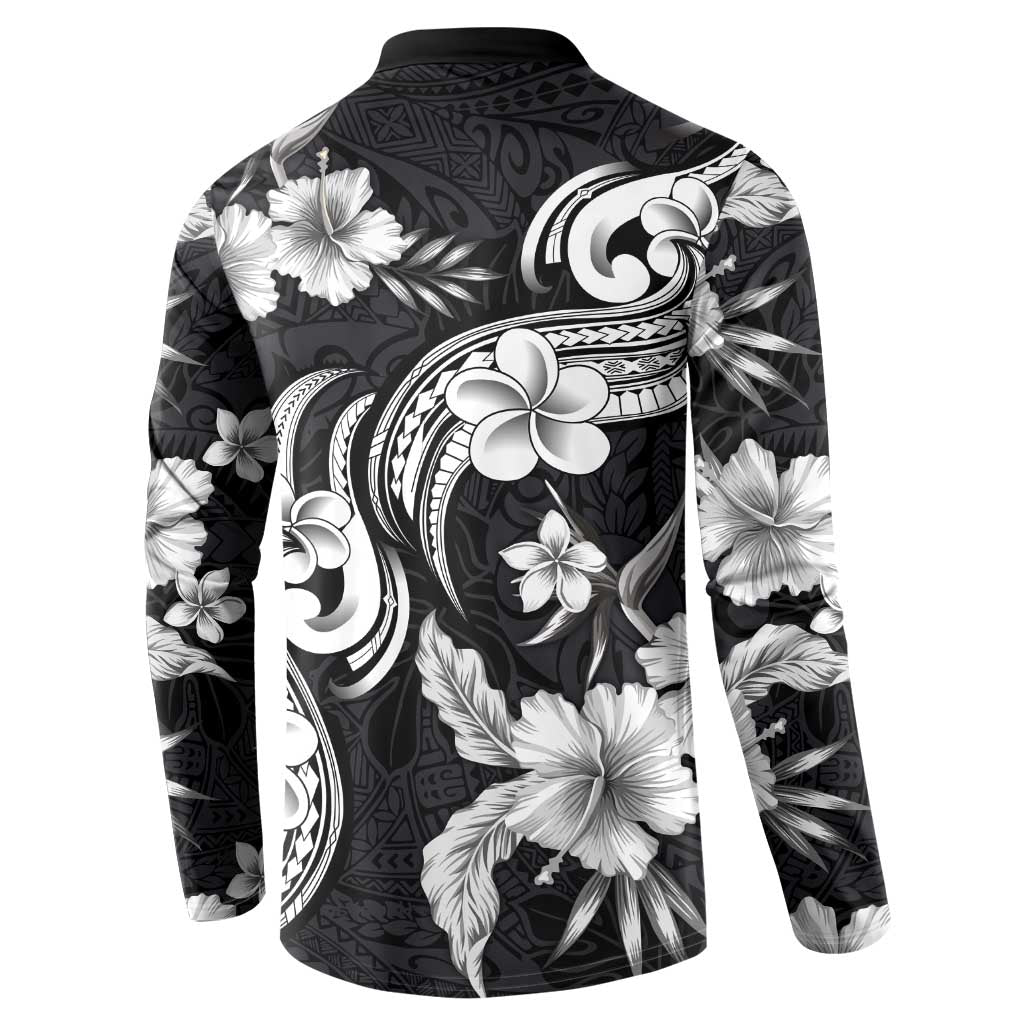 Hawaiian-Polynesian Art Tattoo Button Sweatshirt Hibiscus and Plumeria Grayscale LT03 - Polynesian Pride