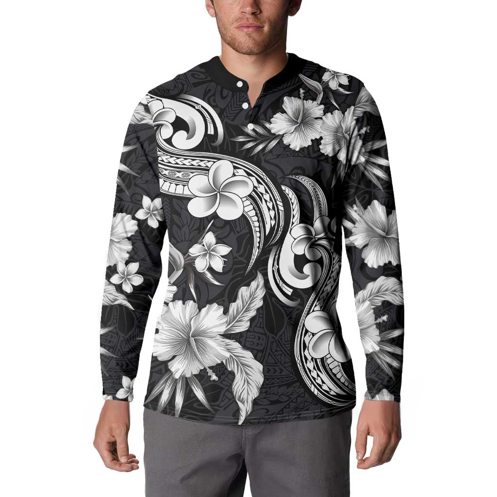 Hawaiian-Polynesian Art Tattoo Button Sweatshirt Hibiscus and Plumeria Grayscale LT03 - Polynesian Pride
