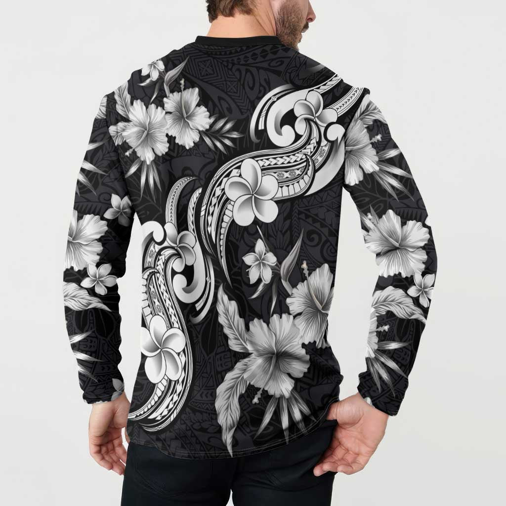 Hawaiian-Polynesian Art Tattoo Button Sweatshirt Hibiscus and Plumeria Grayscale LT03 - Polynesian Pride