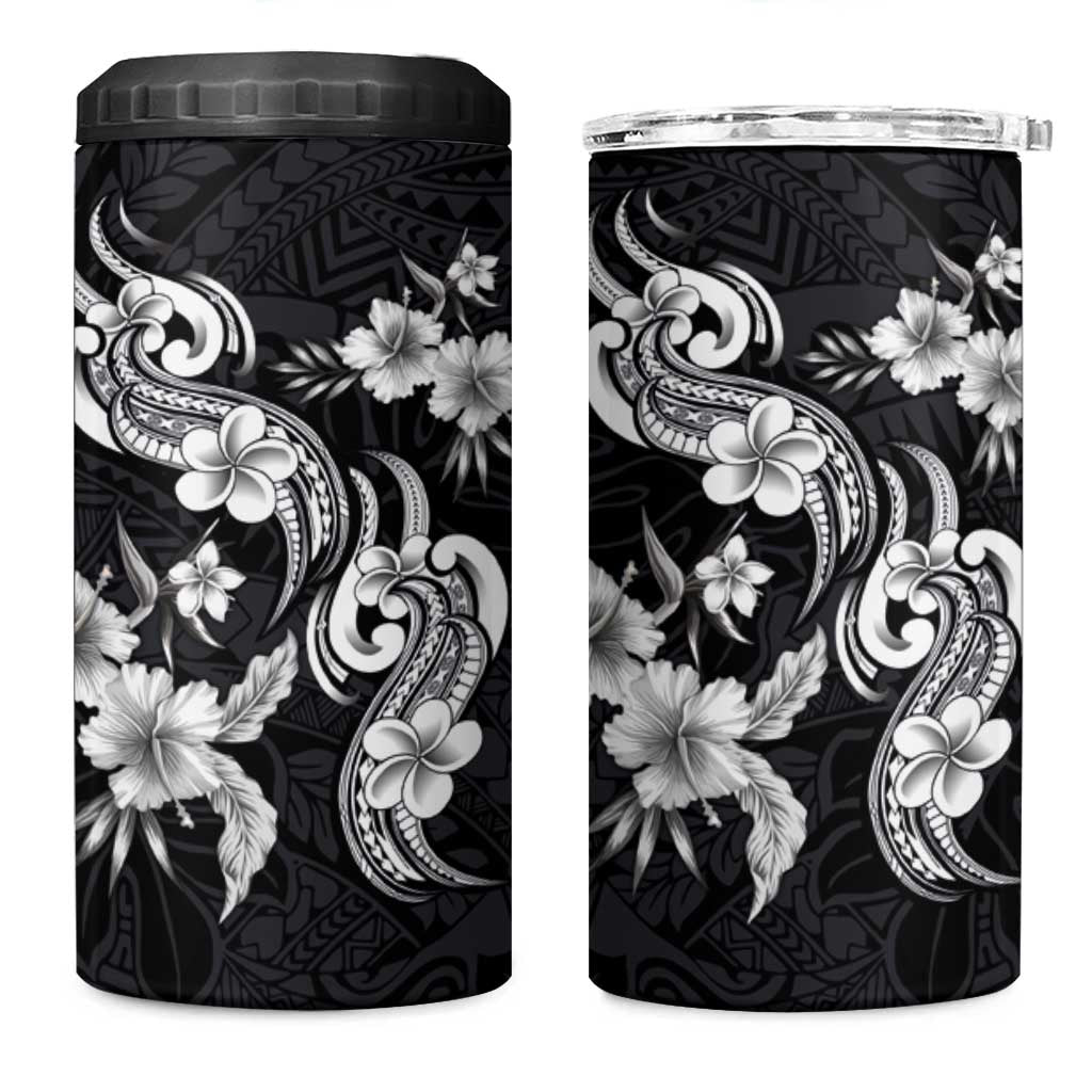 Hawaiian-Polynesian Art Tattoo 4 in 1 Can Cooler Tumbler Hibiscus and Plumeria Grayscale