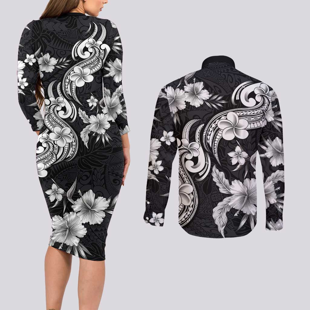 Hawaiian-Polynesian Art Tattoo Couples Matching Long Sleeve Bodycon Dress and Long Sleeve Button Shirt Hibiscus and Plumeria Grayscale