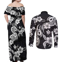 Hawaiian-Polynesian Art Tattoo Couples Matching Off Shoulder Maxi Dress and Long Sleeve Button Shirt Hibiscus and Plumeria Grayscale