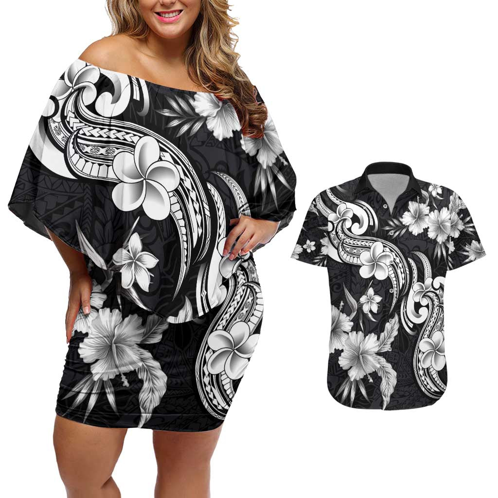Hawaiian-Polynesian Art Tattoo Couples Matching Off Shoulder Short Dress and Hawaiian Shirt Hibiscus and Plumeria Grayscale