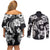 Hawaiian-Polynesian Art Tattoo Couples Matching Off Shoulder Short Dress and Long Sleeve Button Shirt Hibiscus and Plumeria Grayscale