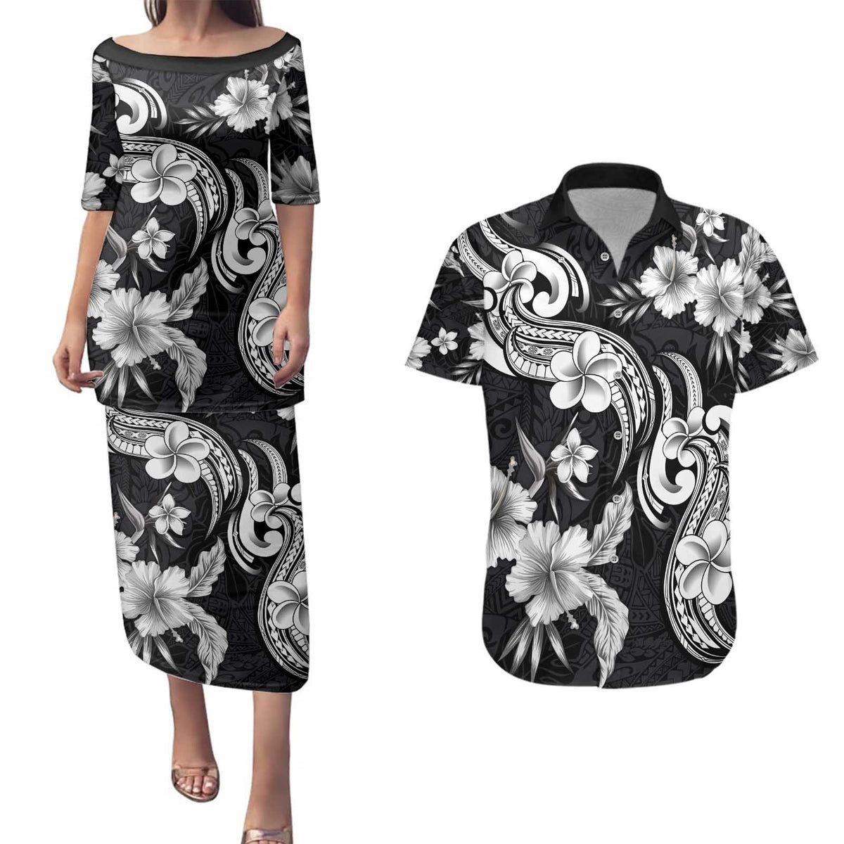 Hawaiian-Polynesian Art Tattoo Couples Matching Puletasi and Hawaiian Shirt Hibiscus and Plumeria Grayscale LT03 Black - Polynesian Pride