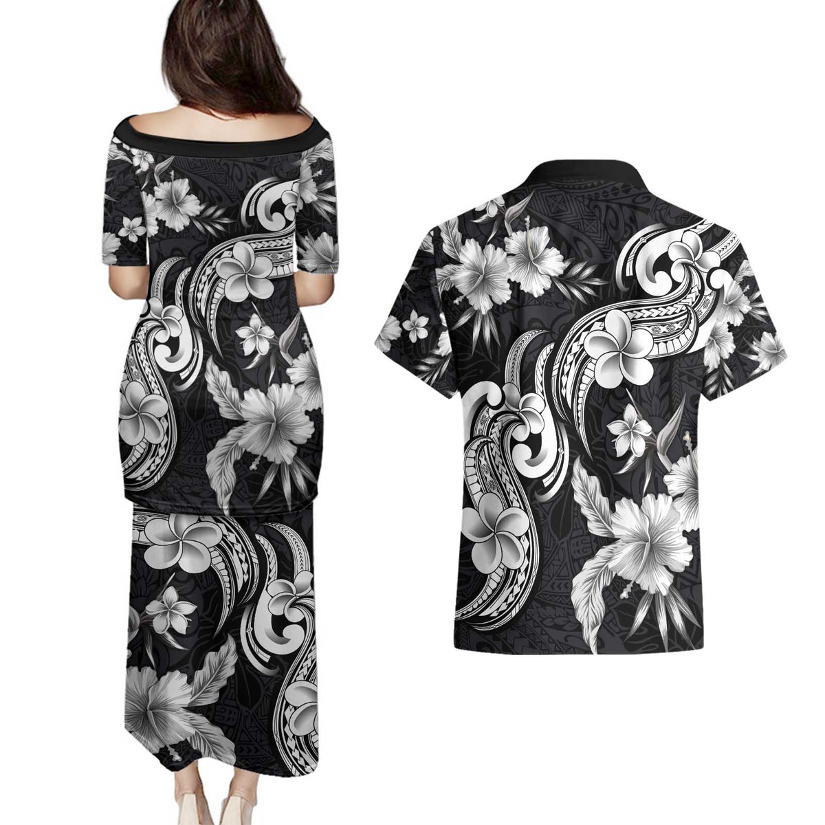 Hawaiian-Polynesian Art Tattoo Couples Matching Puletasi and Hawaiian Shirt Hibiscus and Plumeria Grayscale LT03 - Polynesian Pride