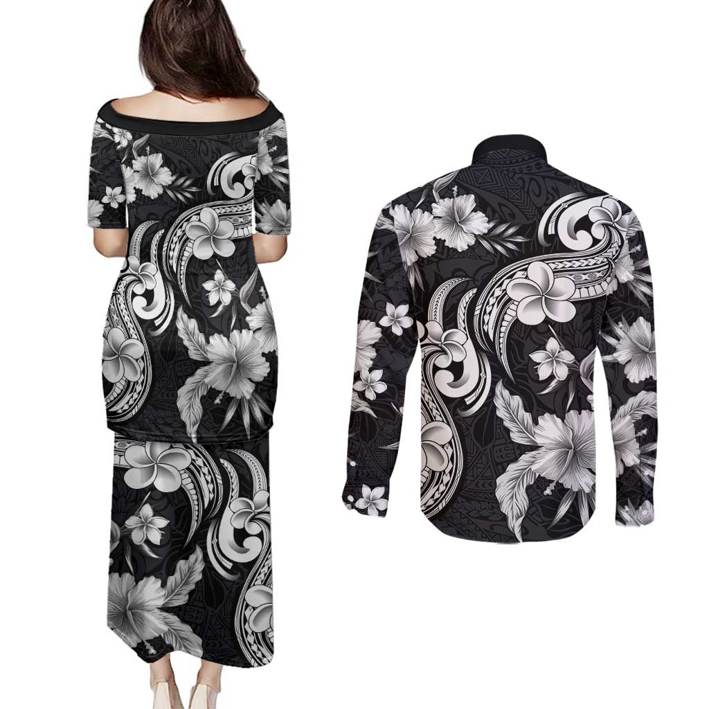 Hawaiian-Polynesian Art Tattoo Couples Matching Puletasi and Long Sleeve Button Shirt Hibiscus and Plumeria Grayscale LT03 - Polynesian Pride