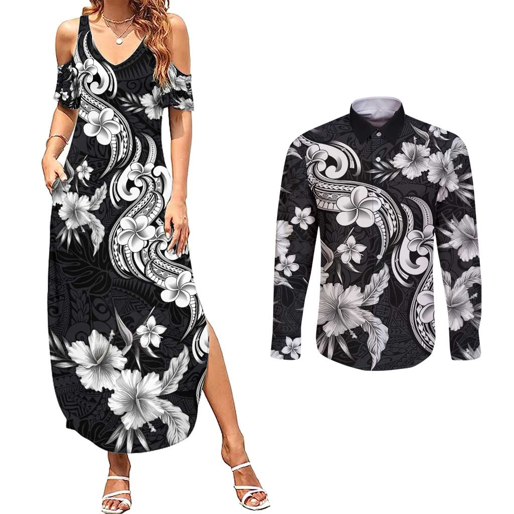 Hawaiian-Polynesian Art Tattoo Couples Matching Summer Maxi Dress and Long Sleeve Button Shirt Hibiscus and Plumeria Grayscale