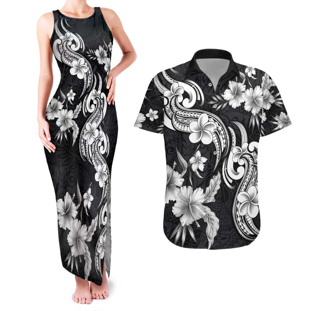 Hawaiian-Polynesian Art Tattoo Couples Matching Tank Maxi Dress and Hawaiian Shirt Hibiscus and Plumeria Grayscale