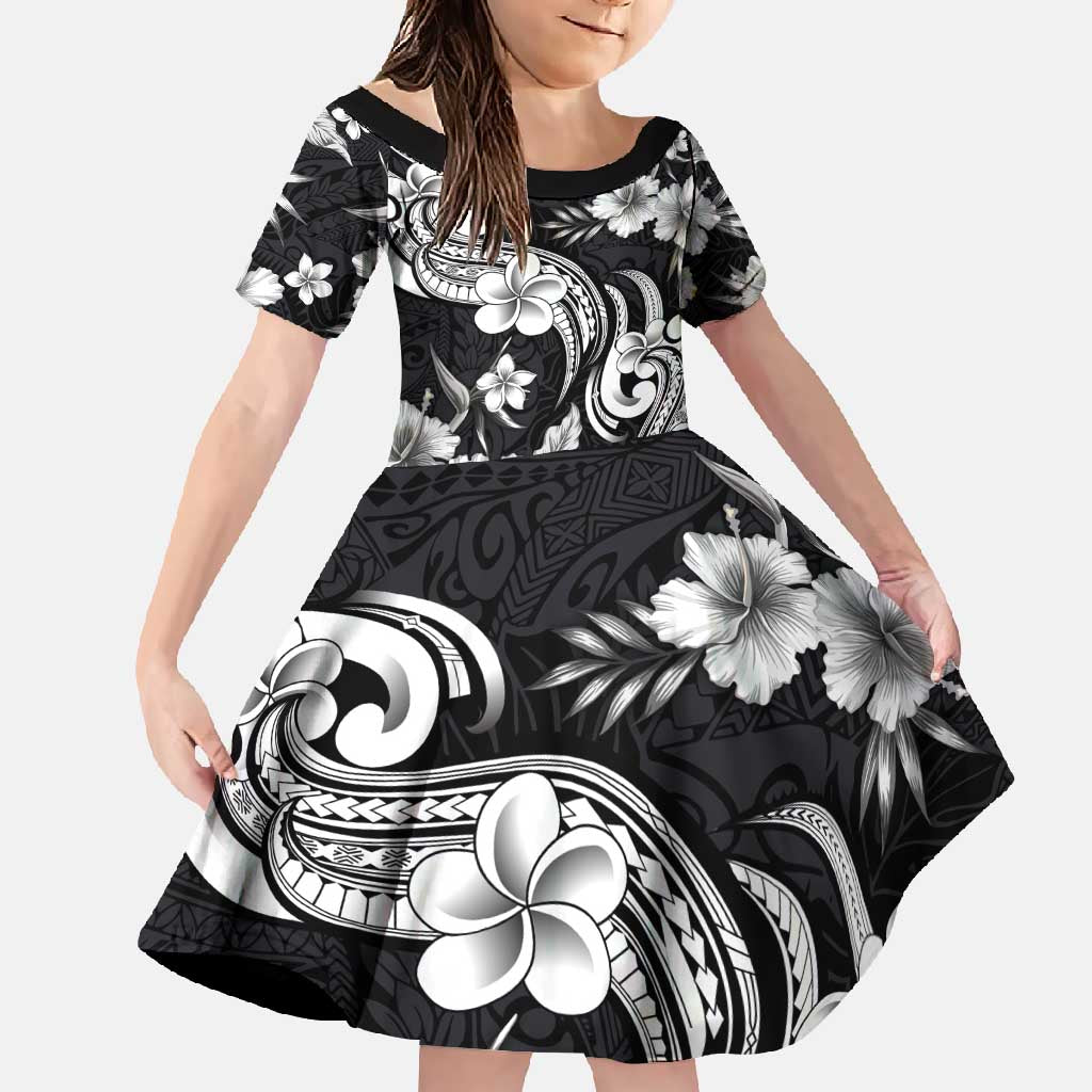 Hawaiian-Polynesian Art Tattoo Family Matching Long Sleeve Bodycon Dress and Hawaiian Shirt Hibiscus and Plumeria Grayscale