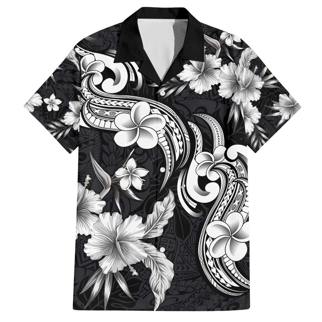 Hawaiian-Polynesian Art Tattoo Family Matching Long Sleeve Bodycon Dress and Hawaiian Shirt Hibiscus and Plumeria Grayscale