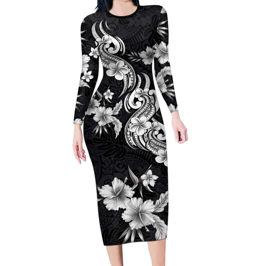 Hawaiian-Polynesian Art Tattoo Family Matching Long Sleeve Bodycon Dress and Hawaiian Shirt Hibiscus and Plumeria Grayscale