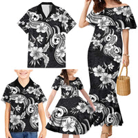 Hawaiian-Polynesian Art Tattoo Family Matching Mermaid Dress and Hawaiian Shirt Hibiscus and Plumeria Grayscale