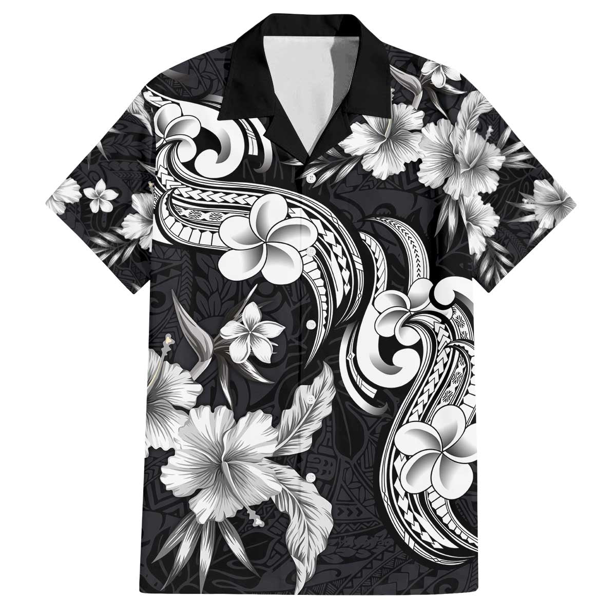 Hawaiian-Polynesian Art Tattoo Family Matching Off The Shoulder Long Sleeve Dress and Hawaiian Shirt Hibiscus and Plumeria Grayscale