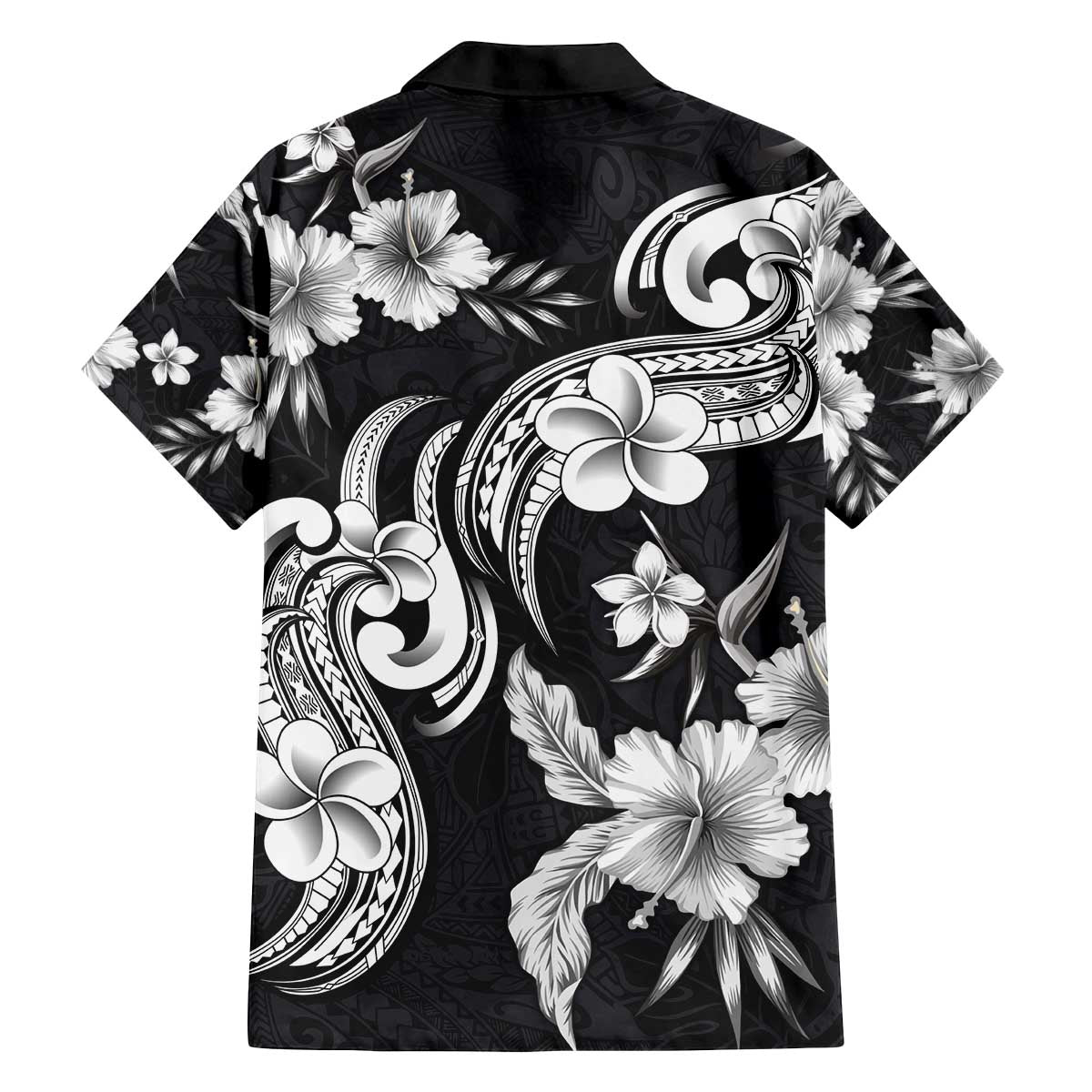 Hawaiian-Polynesian Art Tattoo Family Matching Off The Shoulder Long Sleeve Dress and Hawaiian Shirt Hibiscus and Plumeria Grayscale