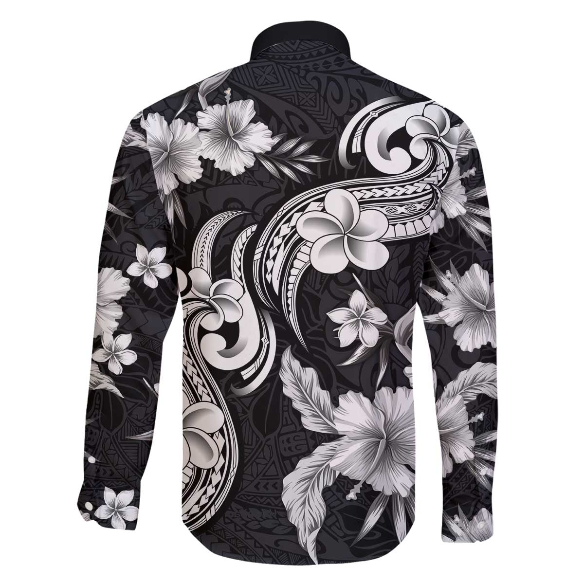Hawaiian-Polynesian Art Tattoo Family Matching Off The Shoulder Long Sleeve Dress and Hawaiian Shirt Hibiscus and Plumeria Grayscale