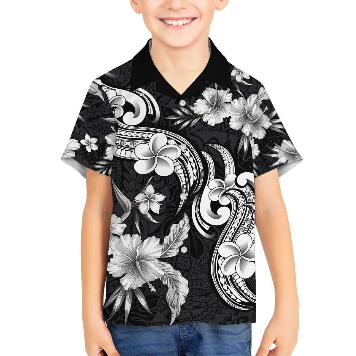 Hawaiian-Polynesian Art Tattoo Family Matching Off The Shoulder Long Sleeve Dress and Hawaiian Shirt Hibiscus and Plumeria Grayscale