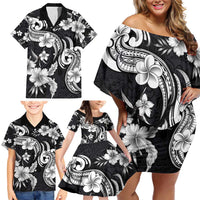 Hawaiian-Polynesian Art Tattoo Family Matching Off Shoulder Short Dress and Hawaiian Shirt Hibiscus and Plumeria Grayscale