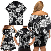 Hawaiian-Polynesian Art Tattoo Family Matching Off Shoulder Short Dress and Hawaiian Shirt Hibiscus and Plumeria Grayscale