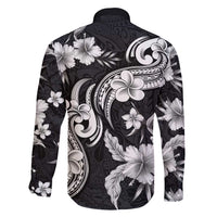 Hawaiian-Polynesian Art Tattoo Family Matching Off Shoulder Short Dress and Hawaiian Shirt Hibiscus and Plumeria Grayscale