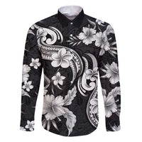 Hawaiian-Polynesian Art Tattoo Family Matching Puletasi and Hawaiian Shirt Hibiscus and Plumeria Grayscale LT03 Dad's Shirt - Long Sleeve Black - Polynesian Pride