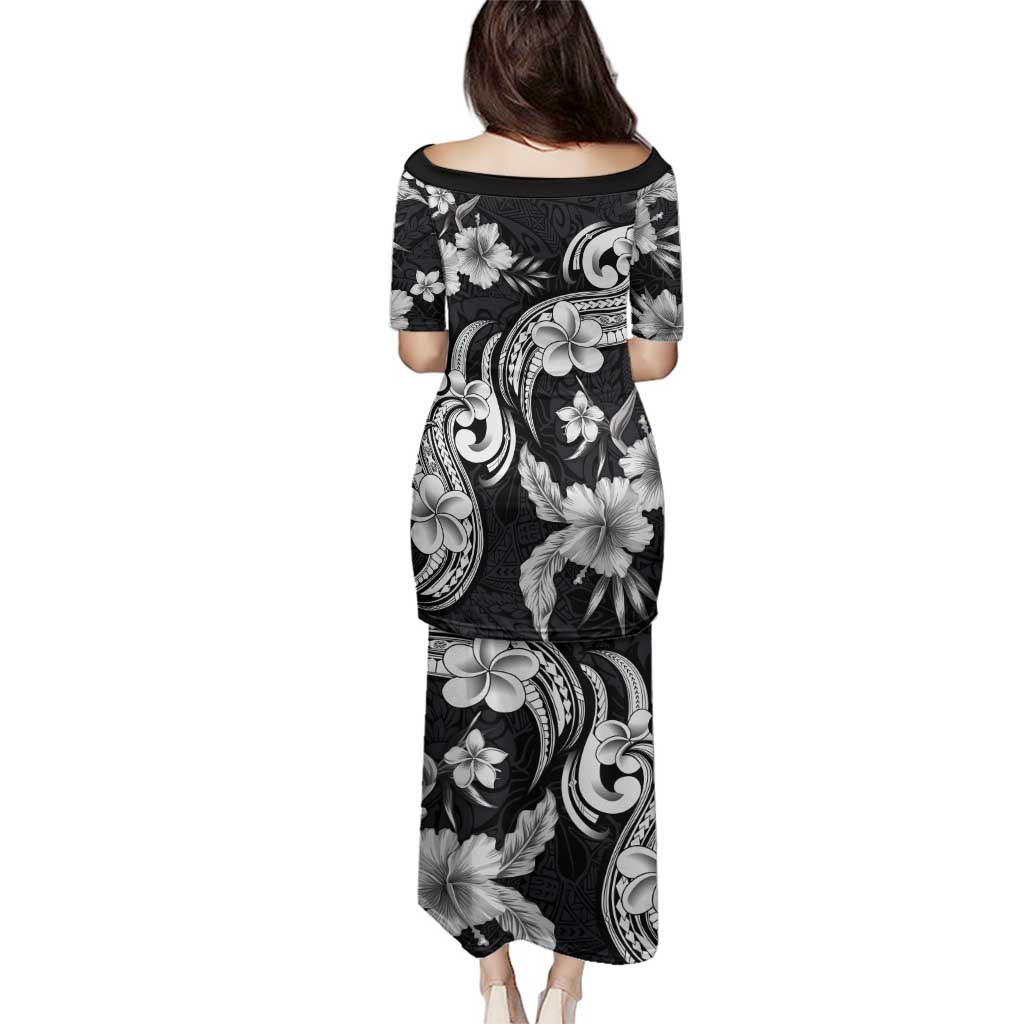 Hawaiian-Polynesian Art Tattoo Family Matching Puletasi and Hawaiian Shirt Hibiscus and Plumeria Grayscale LT03 - Polynesian Pride
