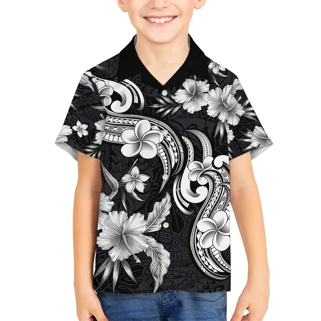 Hawaiian-Polynesian Art Tattoo Family Matching Puletasi and Hawaiian Shirt Hibiscus and Plumeria Grayscale LT03 Son's Shirt Black - Polynesian Pride