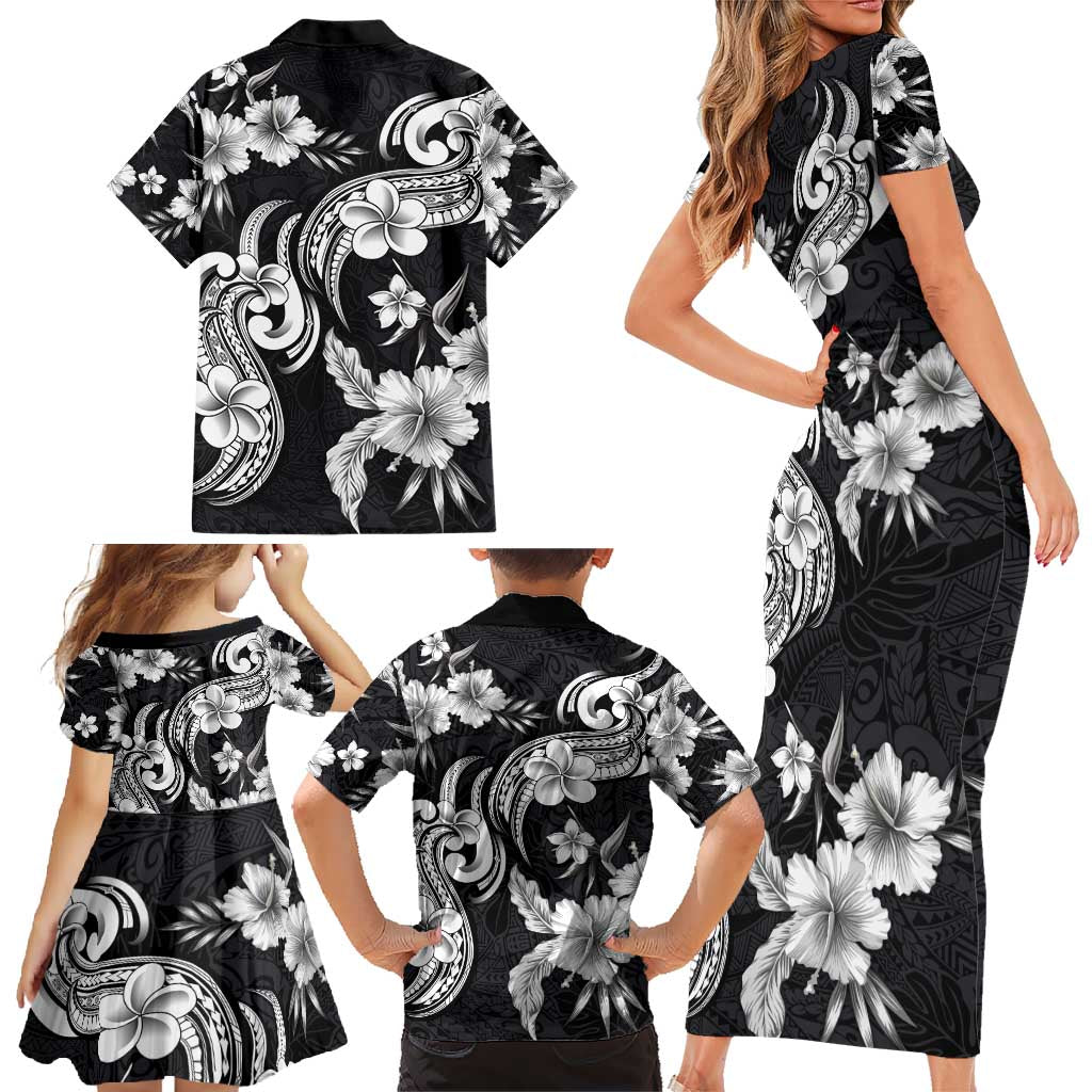 Hawaiian-Polynesian Art Tattoo Family Matching Short Sleeve Bodycon Dress and Hawaiian Shirt Hibiscus and Plumeria Grayscale