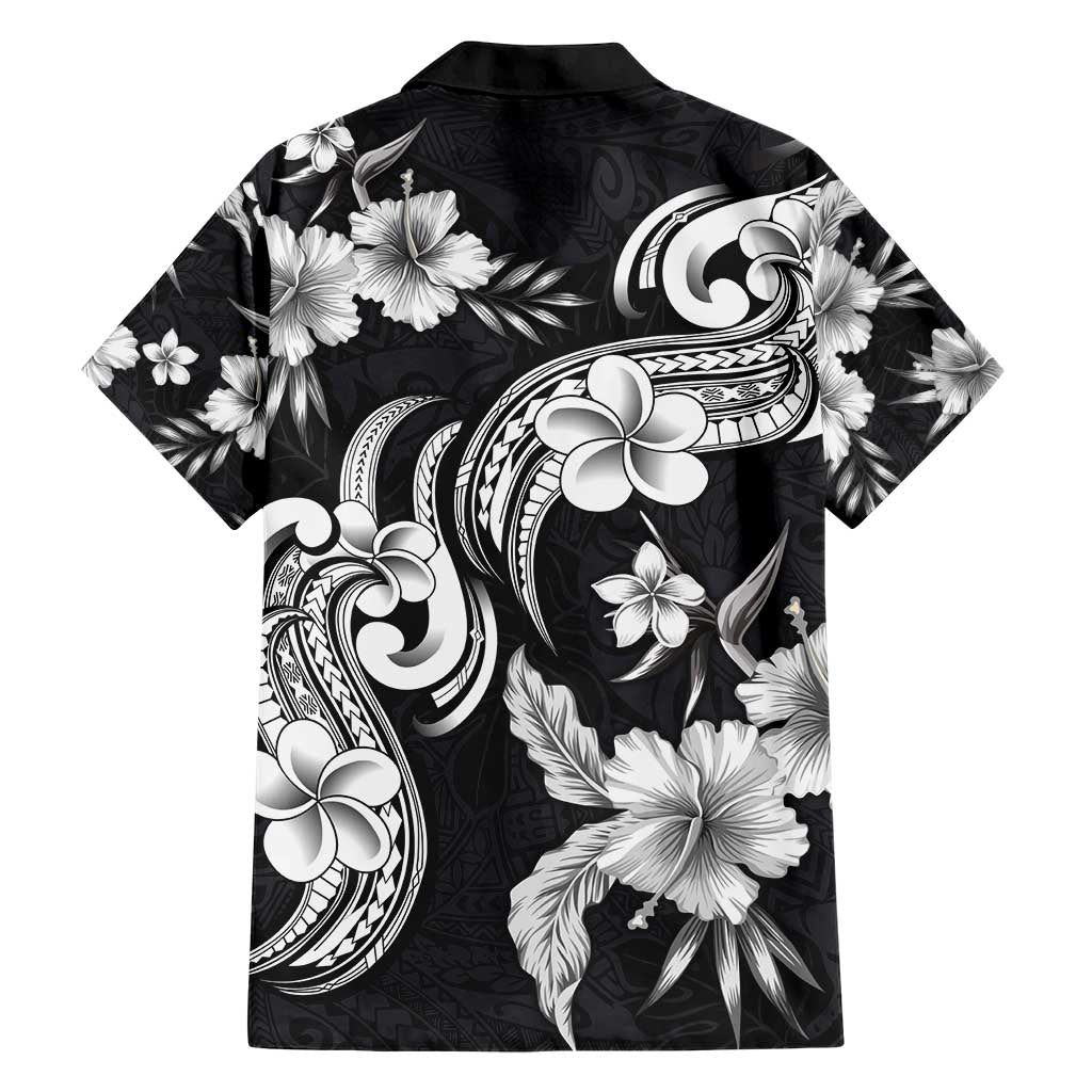 Hawaiian-Polynesian Art Tattoo Family Matching Short Sleeve Bodycon Dress and Hawaiian Shirt Hibiscus and Plumeria Grayscale