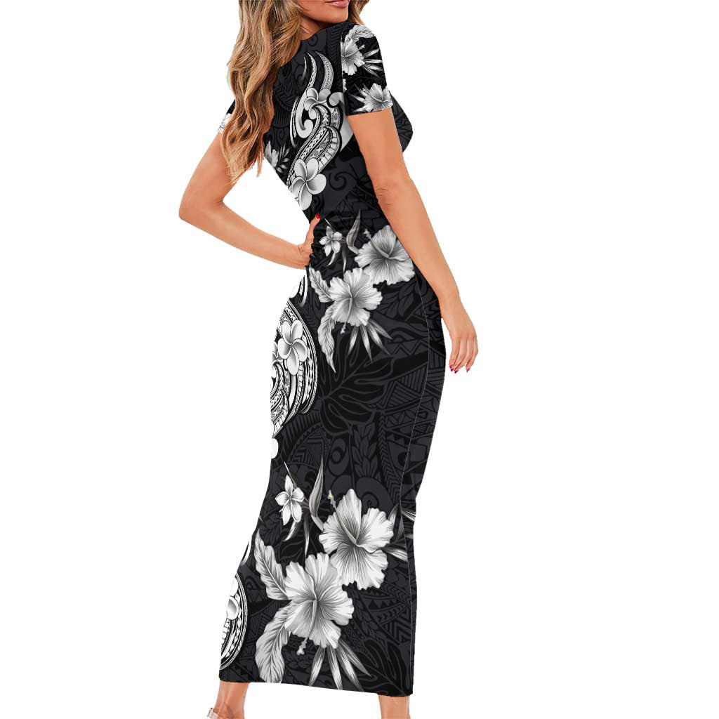 Hawaiian-Polynesian Art Tattoo Family Matching Short Sleeve Bodycon Dress and Hawaiian Shirt Hibiscus and Plumeria Grayscale