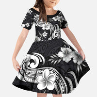 Hawaiian-Polynesian Art Tattoo Family Matching Tank Maxi Dress and Hawaiian Shirt Hibiscus and Plumeria Grayscale