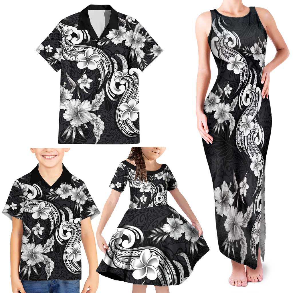 Hawaiian-Polynesian Art Tattoo Family Matching Tank Maxi Dress and Hawaiian Shirt Hibiscus and Plumeria Grayscale
