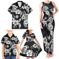 Hawaiian-Polynesian Art Tattoo Family Matching Tank Maxi Dress and Hawaiian Shirt Hibiscus and Plumeria Grayscale