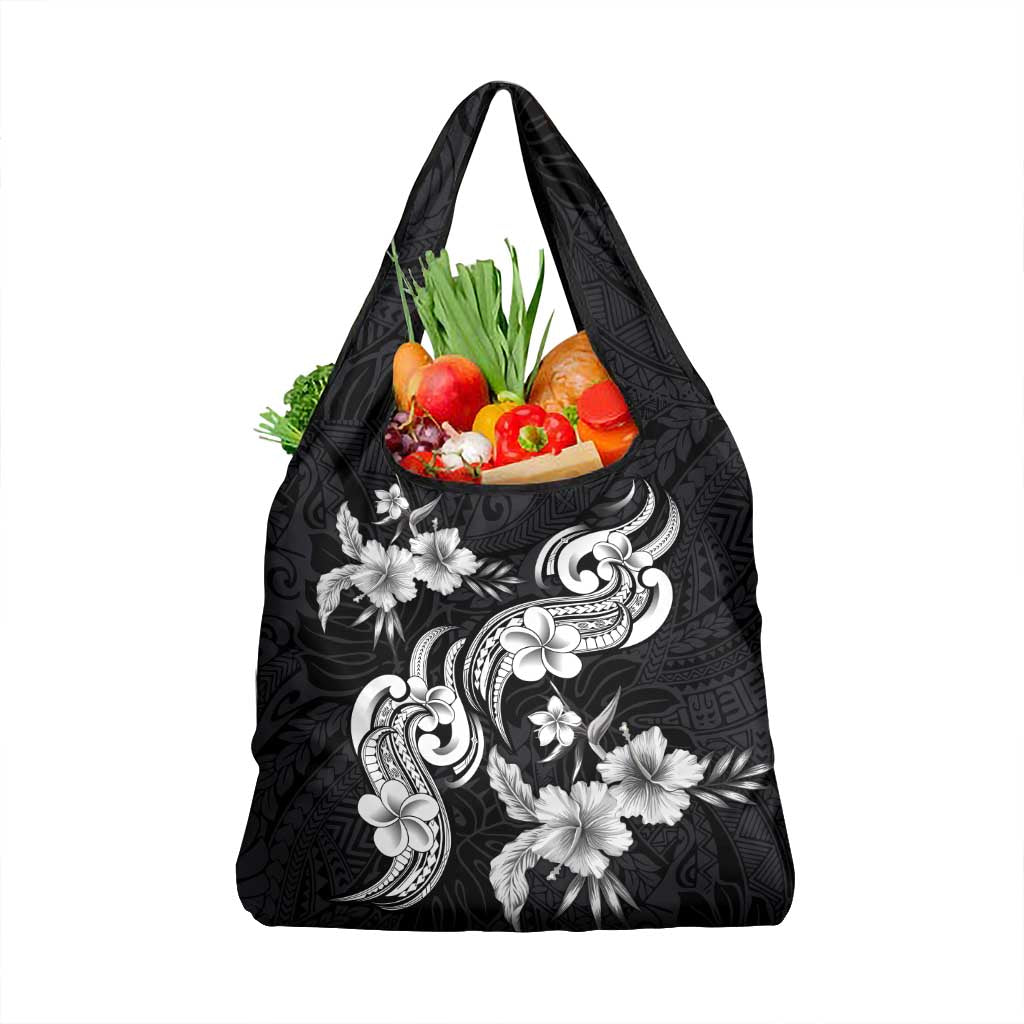 Hawaiian-Polynesian Art Tattoo Grocery Bag Hibiscus and Plumeria Grayscale LT03 1-pack One Size Black - Polynesian Pride