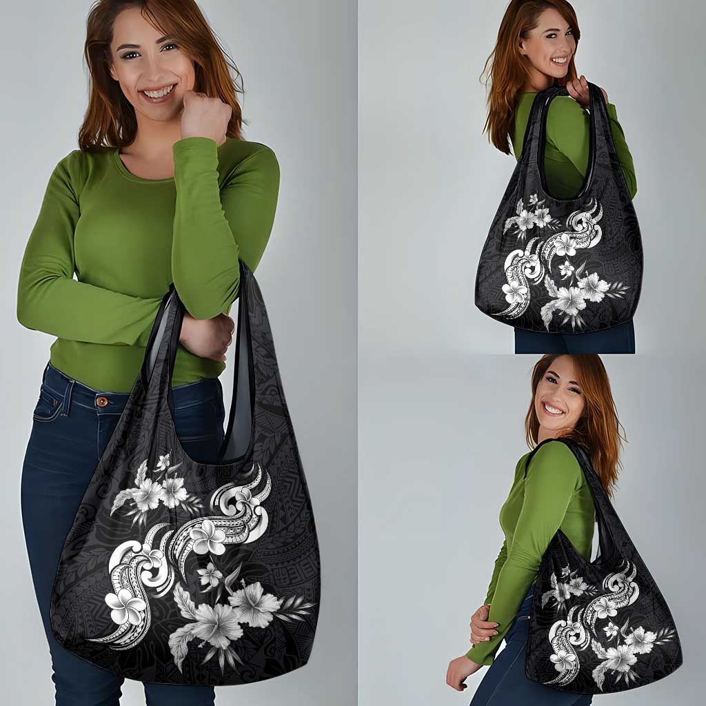 Hawaiian-Polynesian Art Tattoo Grocery Bag Hibiscus and Plumeria Grayscale