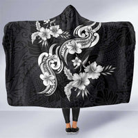Hawaiian-Polynesian Art Tattoo Hooded Blanket Hibiscus and Plumeria Grayscale