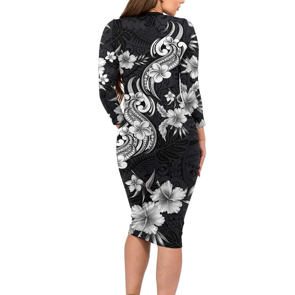 Hawaiian-Polynesian Art Tattoo Long Sleeve Bodycon Dress Hibiscus and Plumeria Grayscale