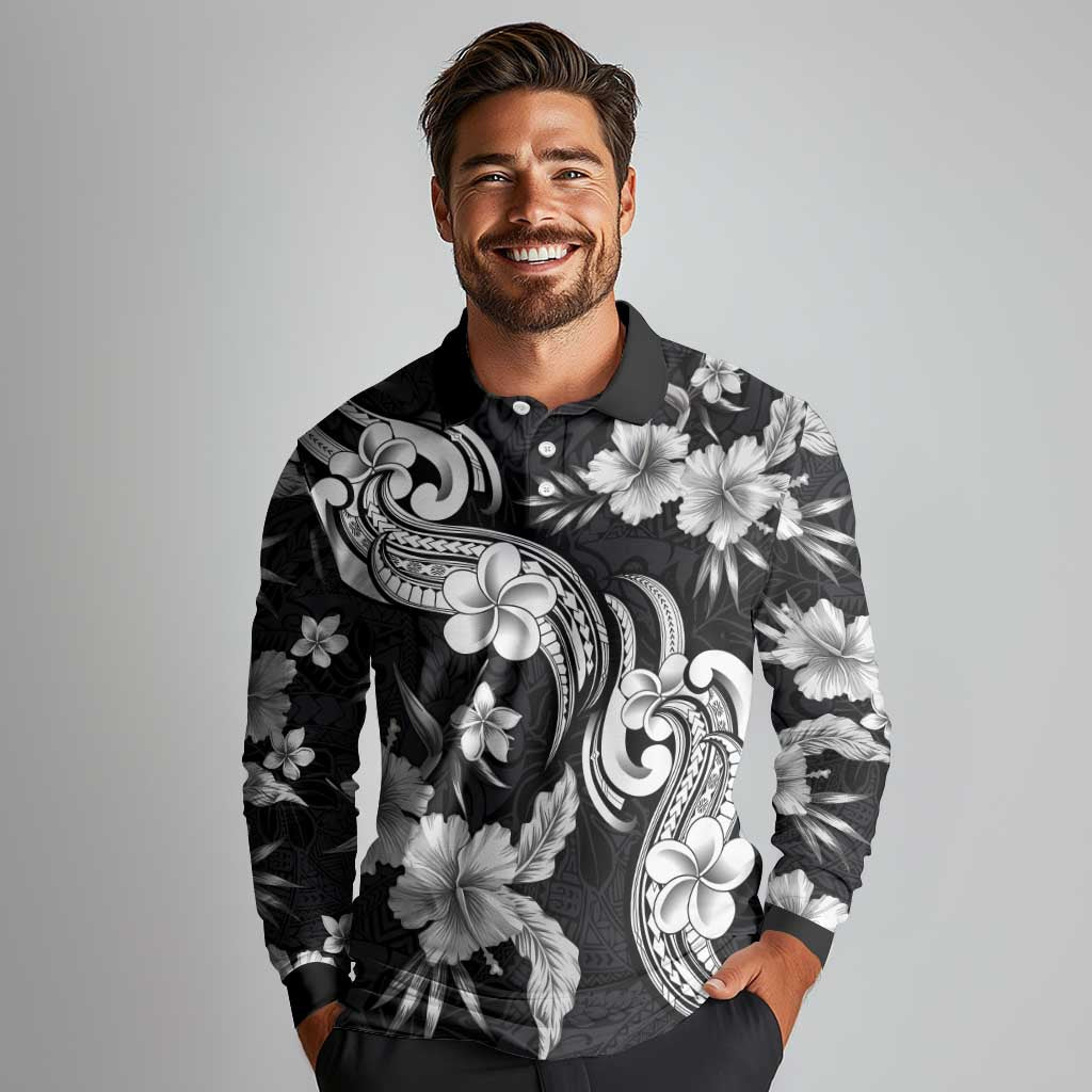 Hawaiian-Polynesian Art Tattoo Long Sleeve Polo Shirt Hibiscus and Plumeria Grayscale LT03 - Polynesian Pride