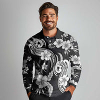 Hawaiian-Polynesian Art Tattoo Long Sleeve Polo Shirt Hibiscus and Plumeria Grayscale LT03 - Polynesian Pride