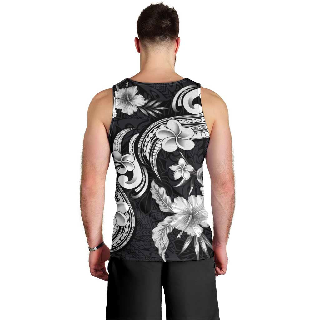 Hawaiian-Polynesian Art Tattoo Men Tank Top Hibiscus and Plumeria Grayscale