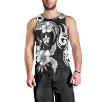 Hawaiian-Polynesian Art Tattoo Men Tank Top Hibiscus and Plumeria Grayscale
