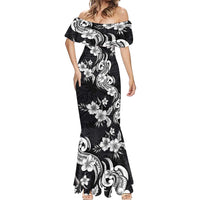 Hawaiian-Polynesian Art Tattoo Mermaid Dress Hibiscus and Plumeria Grayscale