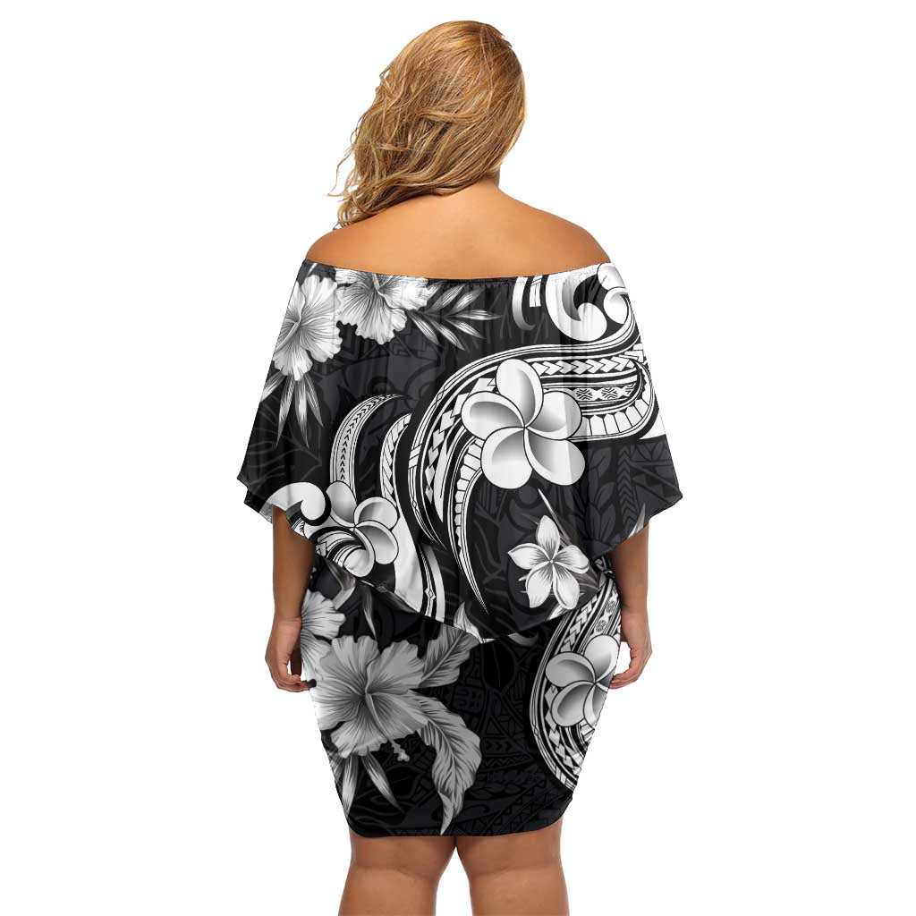 Hawaiian-Polynesian Art Tattoo Off Shoulder Short Dress Hibiscus and Plumeria Grayscale