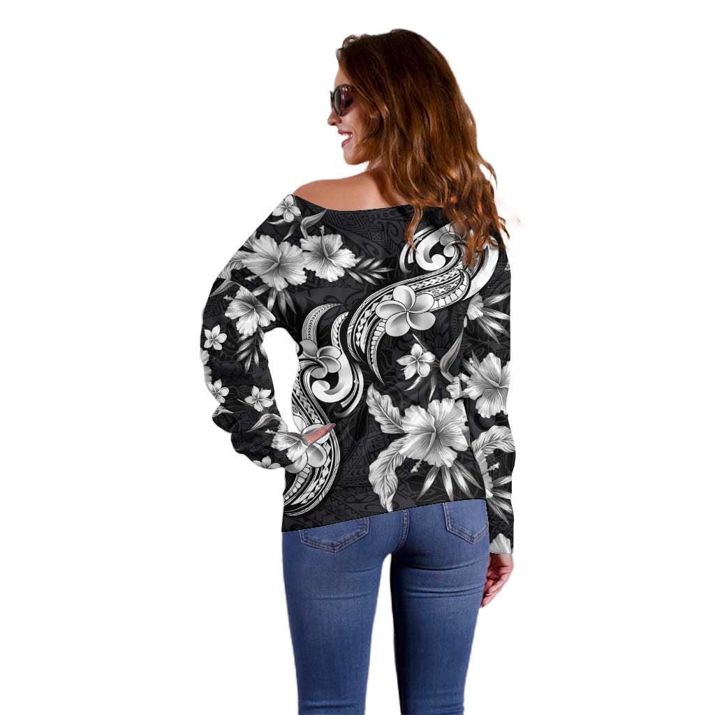 Hawaiian-Polynesian Art Tattoo Off Shoulder Sweater Hibiscus and Plumeria Grayscale
