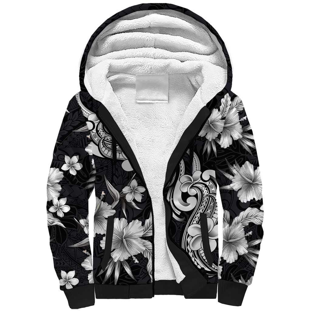 Hawaiian-Polynesian Art Tattoo Sherpa Hoodie Hibiscus and Plumeria Grayscale