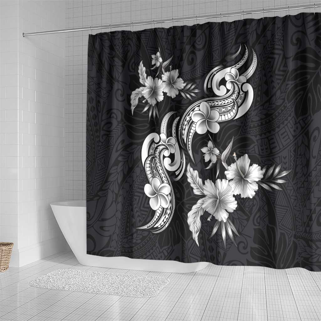 Hawaiian-Polynesian Art Tattoo Shower Curtain Hibiscus and Plumeria Grayscale