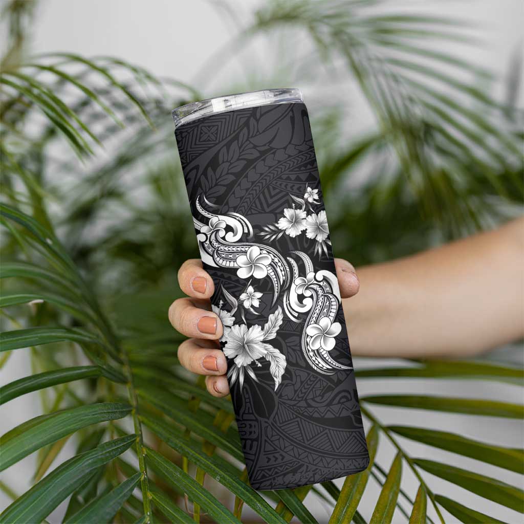 Hawaiian-Polynesian Art Tattoo Skinny Tumbler Hibiscus and Plumeria Grayscale