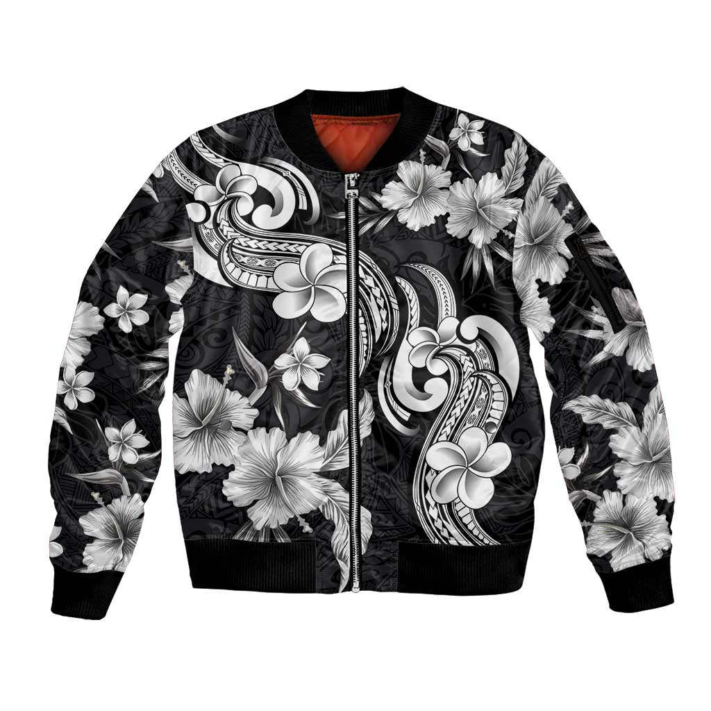 Hawaiian-Polynesian Art Tattoo Sleeve Zip Bomber Jacket Hibiscus and Plumeria Grayscale LT03 Unisex Black - Polynesian Pride